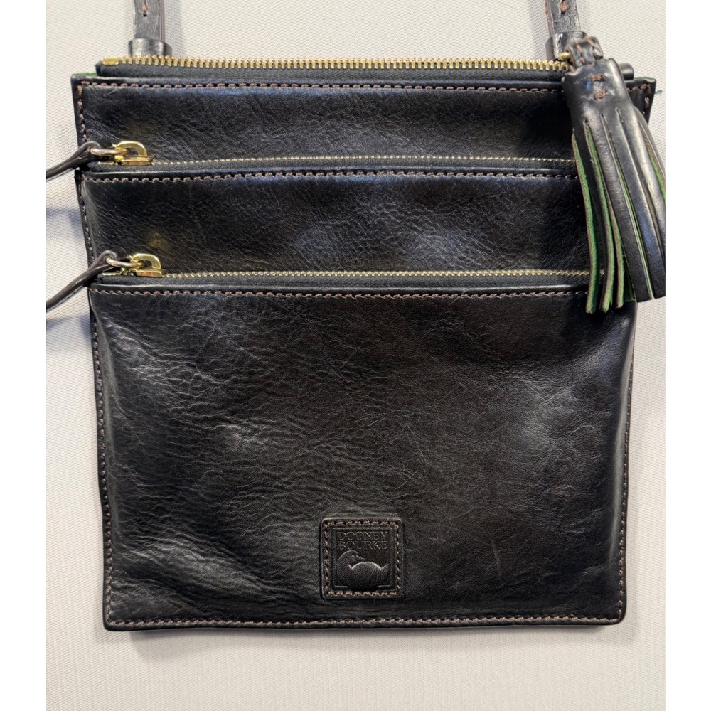 Dooney & Bourke Black Florentine Leather Triple Zip Crossbody Bag Shoulder Purse